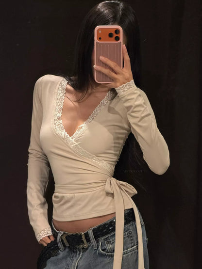 Lace-Trimmed Long Sleeves Wrap Blouse - Khaki Color - View 4