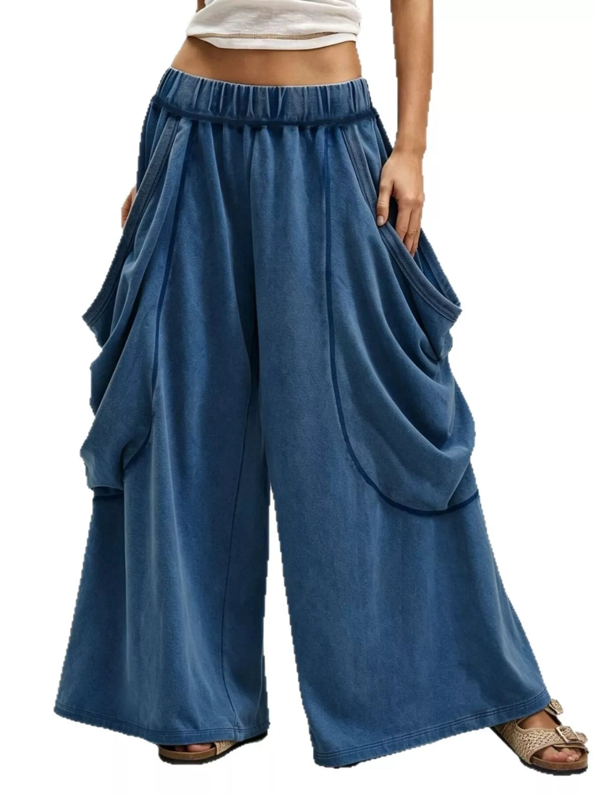 Oversized Wide-Leg Cargo Pants - Blue - View 5
