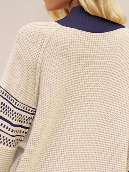 Waffle Knit Mock Neck Sweater - Cream - View 2