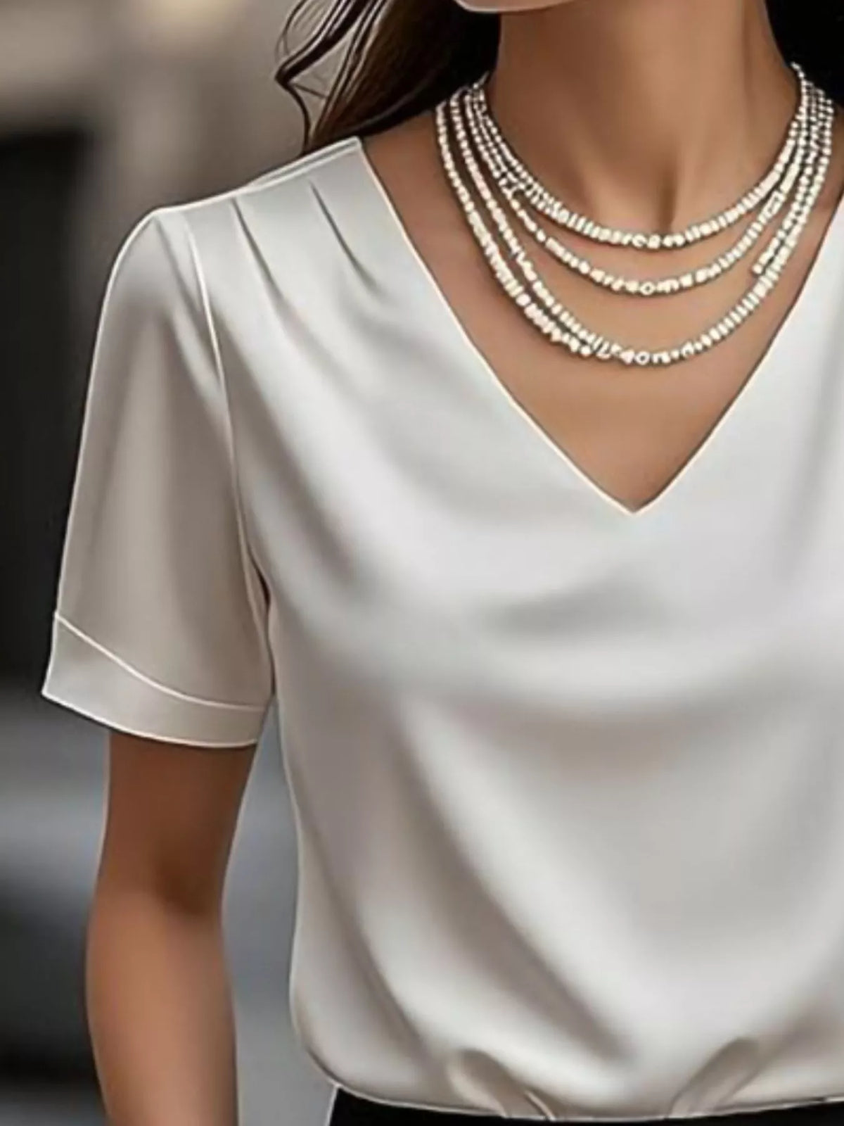 Elegant V-Neck Short Sleeve Ruched Top - White - View 3