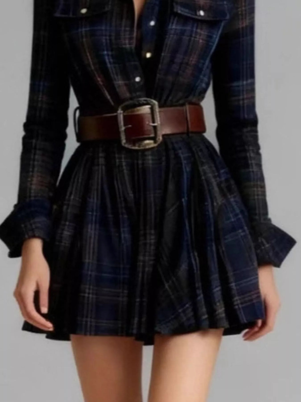 Plaid Long Sleeve Shirt Dress - Dark Navy - View 2