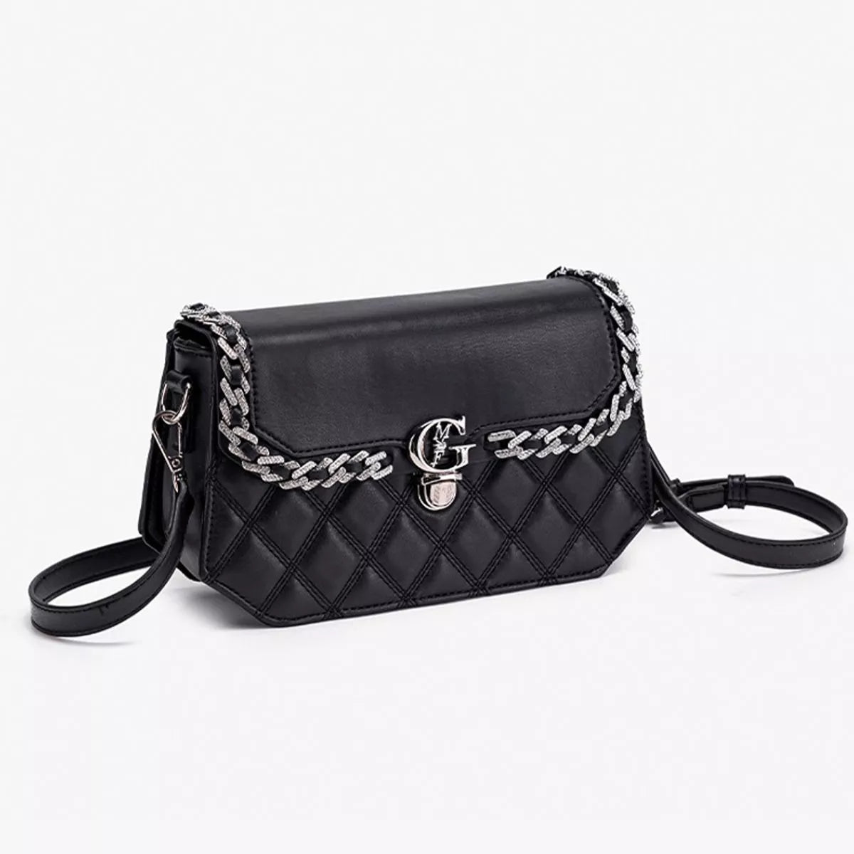 Quilted PU Leather Crossbody Bag with Rhinestone Decor - Black - View 6