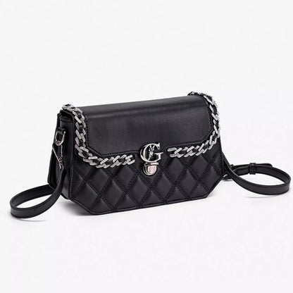 Quilted PU Leather Crossbody Bag with Rhinestone Decor - Black - View 6