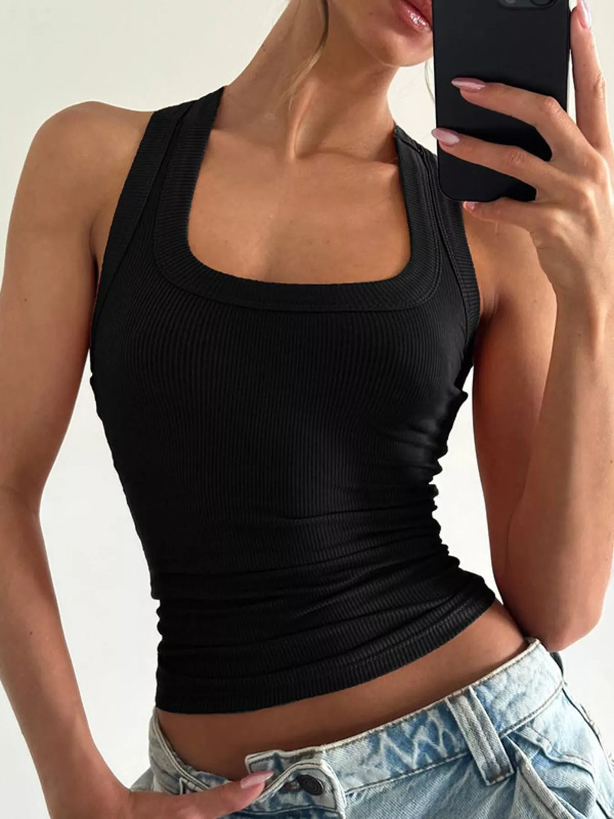 Ribbed Square Neck Tank Top - Black - View 7