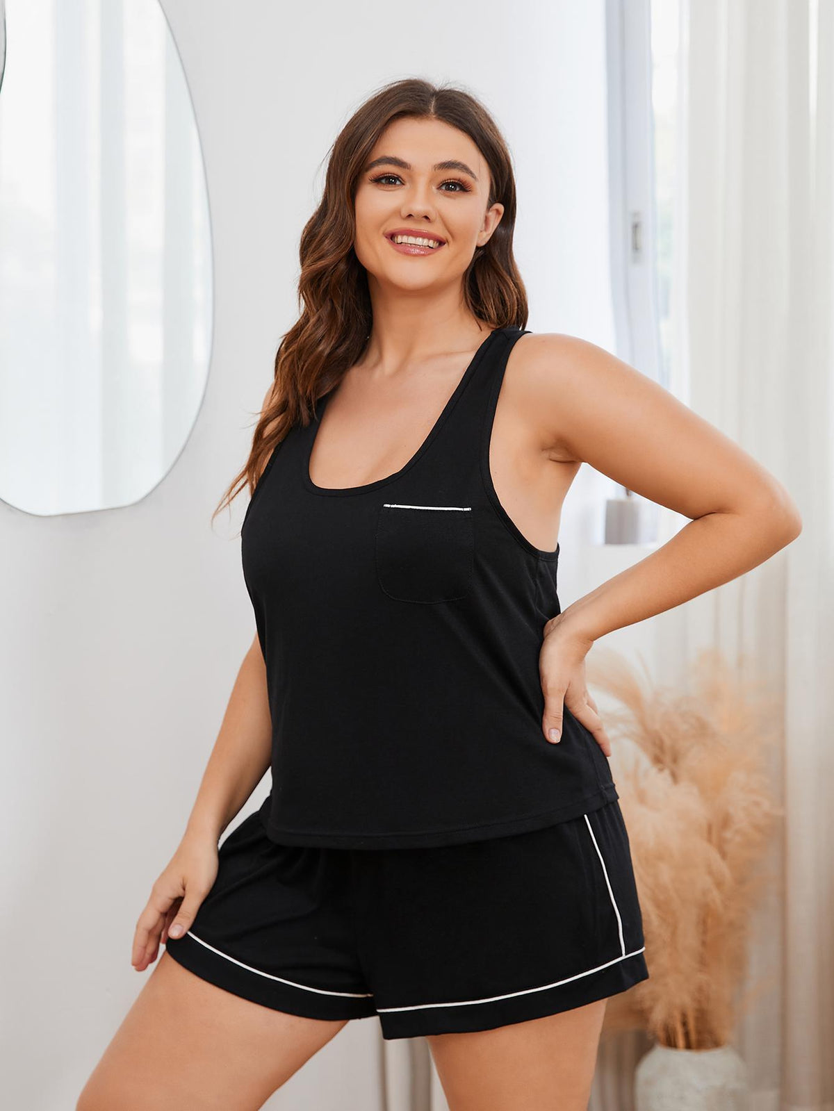 Plus Size Contrast Piping Racerback Tank and Shorts Lounge Set - Black - View 12