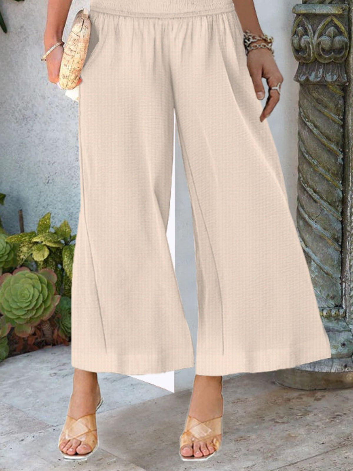 Wide-Leg Smocked Waist Pants - Apricot - View 5
