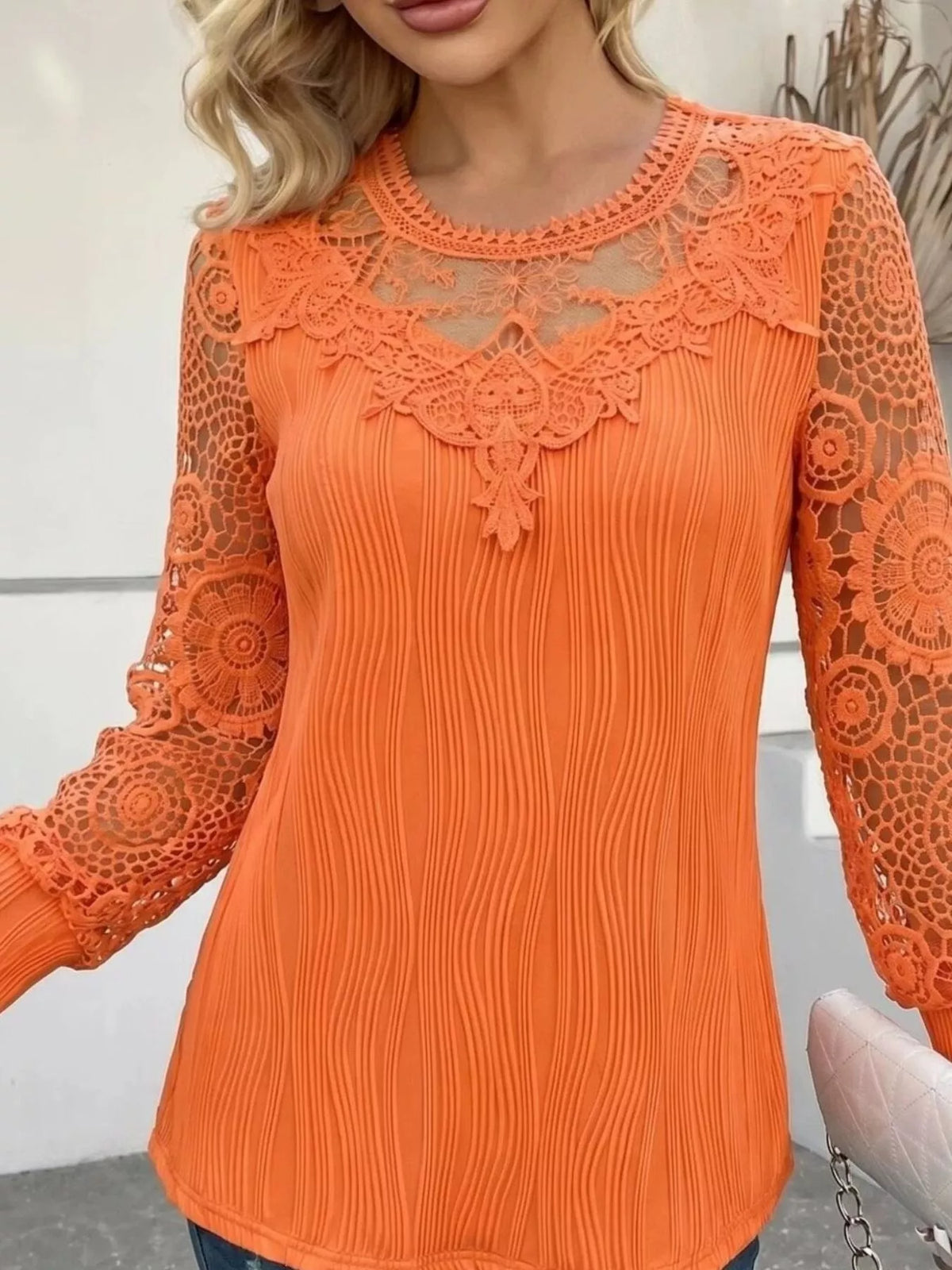 Lace Patchwork Long Sleeve Blouse - Orange - View 3