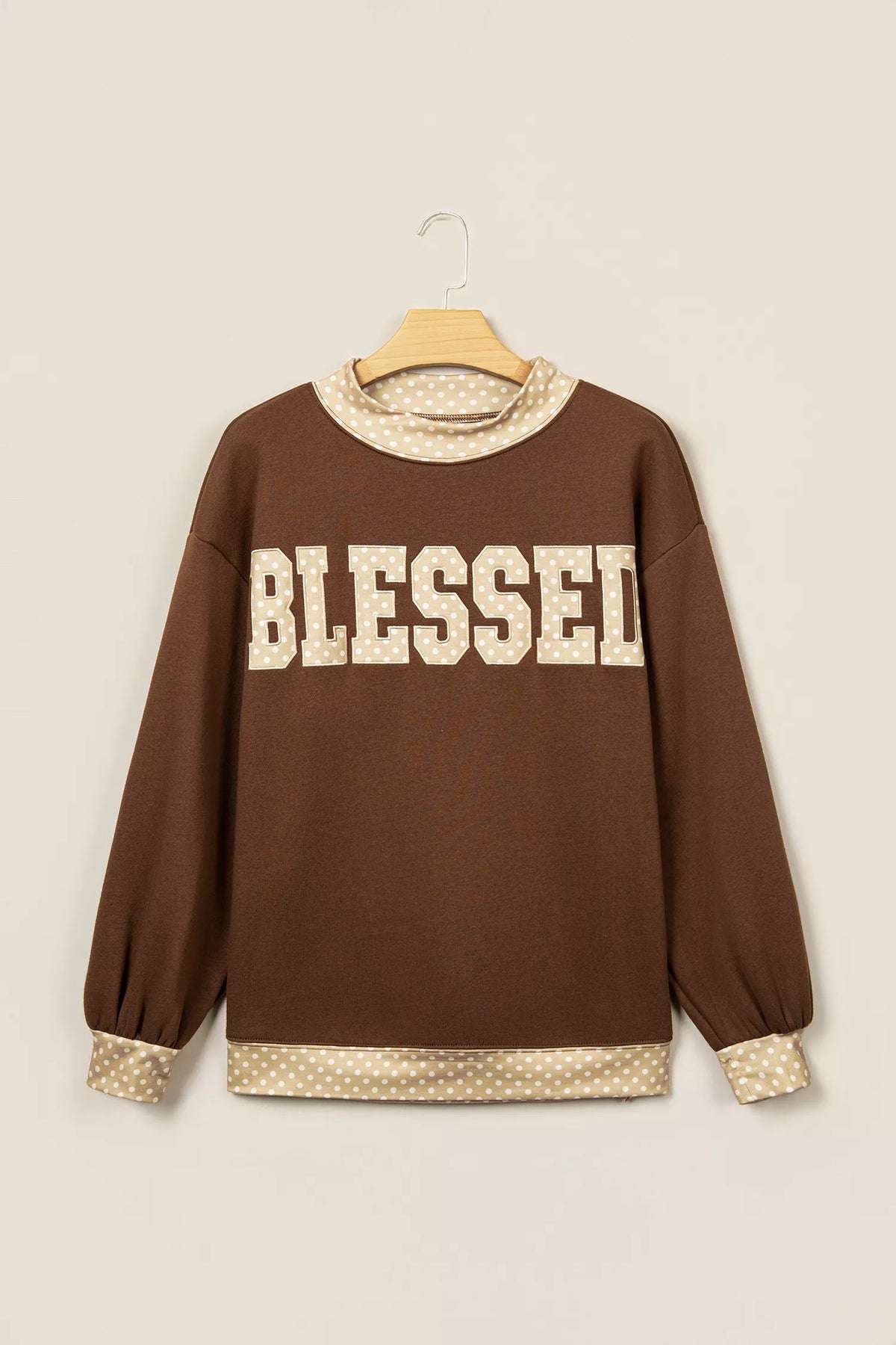 Polka Dot Trim High Neck BLESSED Letter Graphic Baggy Sweatshirt - Dark Brown - View 2