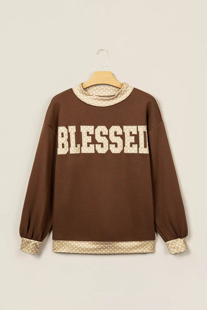 Polka Dot Trim High Neck BLESSED Letter Graphic Baggy Sweatshirt - Dark Brown - View 2