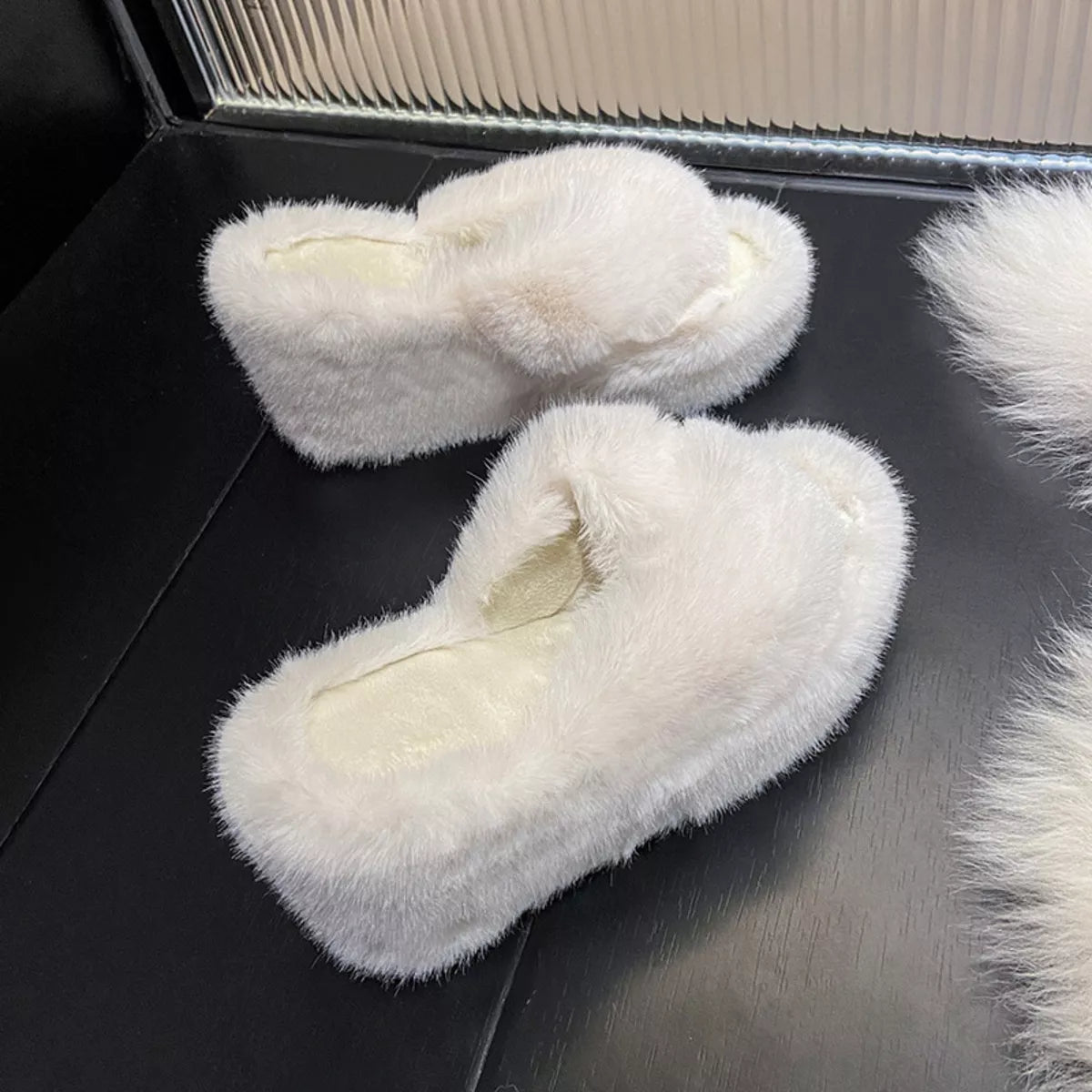 Fluffy Wedge Slippers - White - View 6