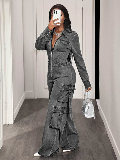 Zip Front Wide Leg Cargo Denim Jumpsuit - Gray - View 7