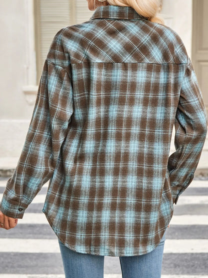 Plaid Button Up Long Sleeve Shirt - Turquoise - View 8