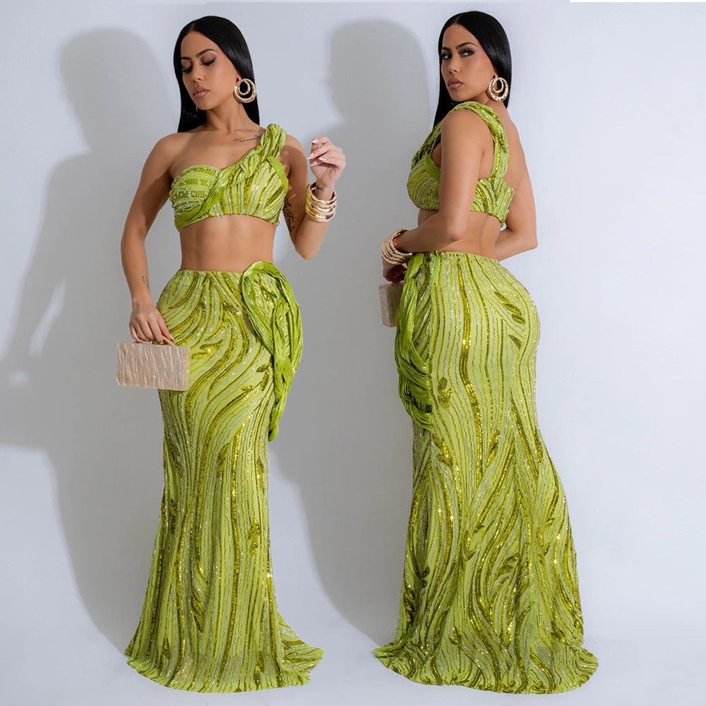 Sleeveless One-Shoulder Short Top with Sexy Fitted Skirt Set