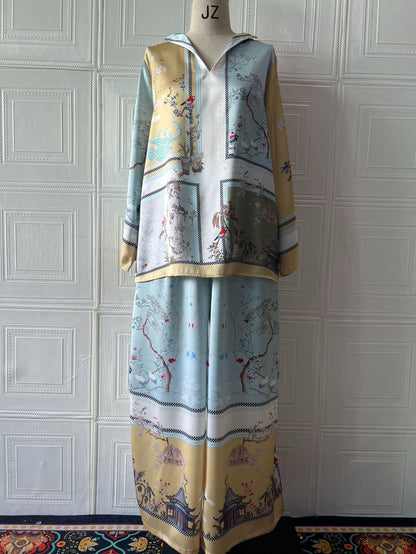 Elegant printed top+wide leg pants two-piece set