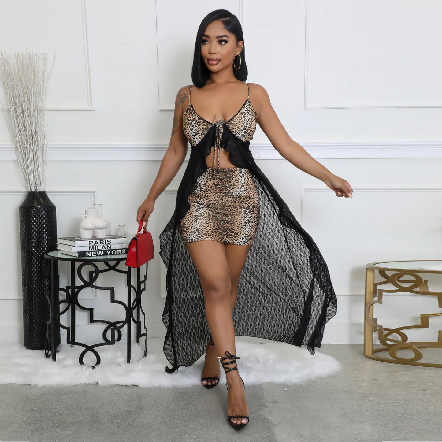 Women's suspender lace leopard print skirt set