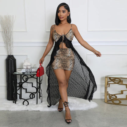 Women's suspender lace leopard print skirt set
