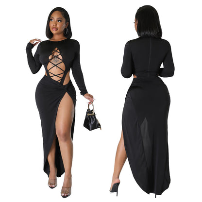 Long sleeved hollow out navel slit skirt set