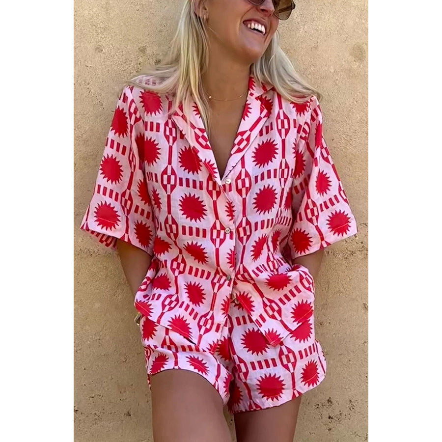 Summer New Collar Short Sleeve Pocket Set INS Casual Loose Vacation Two-Piece Women
