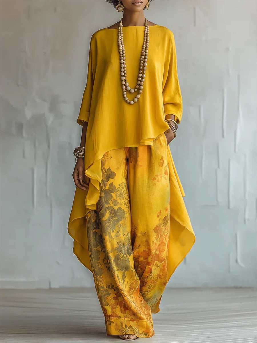 Casual Printed Irregular Loose Pants Round Neck Top Front Short Back Long Two-Piece Set