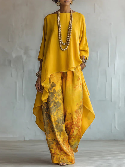 Casual Printed Irregular Loose Pants Round Neck Top Front Short Back Long Two-Piece Set