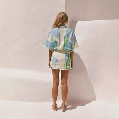 European and APrinted Ruffled Short Sleeve Set for Women, Beach Vacation Casual Fashion Two-Piece Set