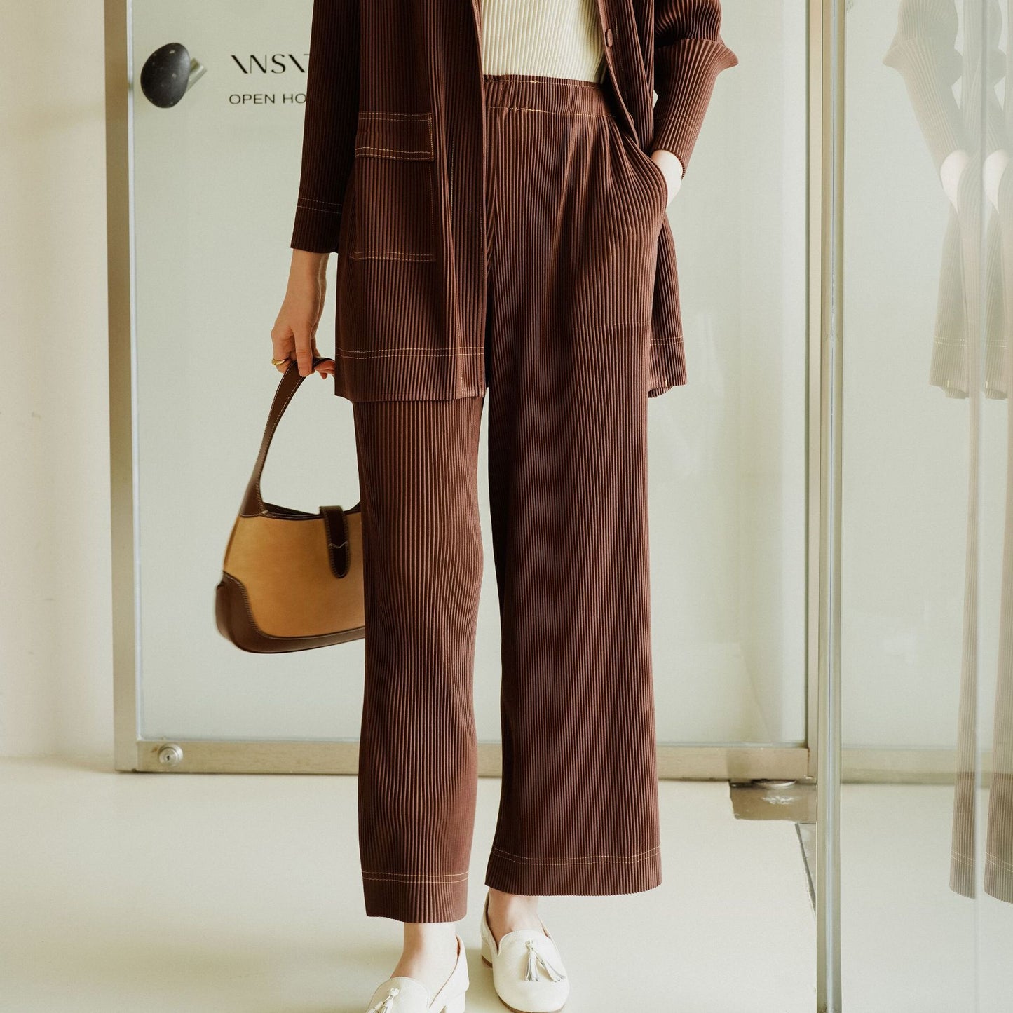 High-quality boutique-style spring new arrival, Issey Miyake pleated vintage high-end denim-inspired chic office suit set