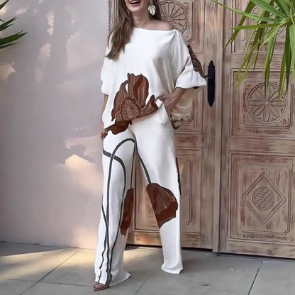 Floral Pattern Casual Satin Batwing Sleeve Top Set with Straight Leg Pants