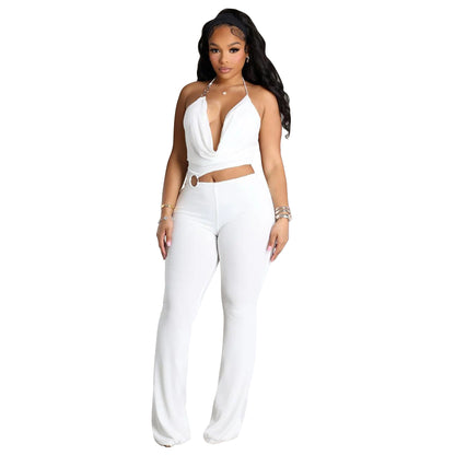 Hanging neck and exposed waist slim fit jumpsuit
