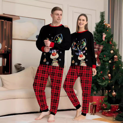 Christmas Deer Print Family Matching Pajama Set, Plaid Pattern, Casual Home Wear