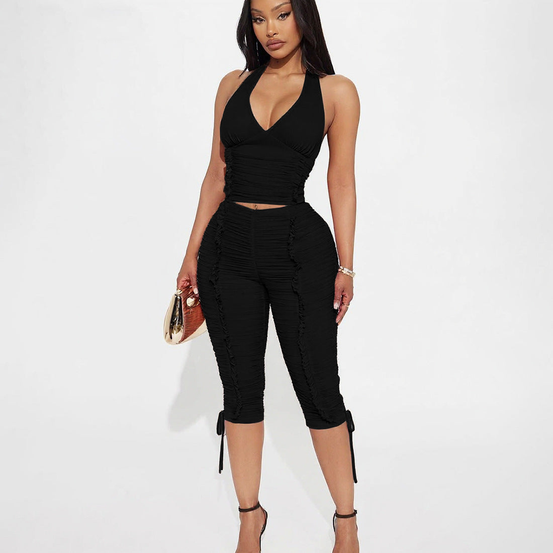 Autumn/Winter new women's sexy deep V-neck halter top with ruched tie, 7/8 pants two-piece set