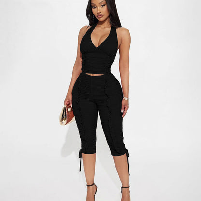Autumn/Winter new women's sexy deep V-neck halter top with ruched tie, 7/8 pants two-piece set