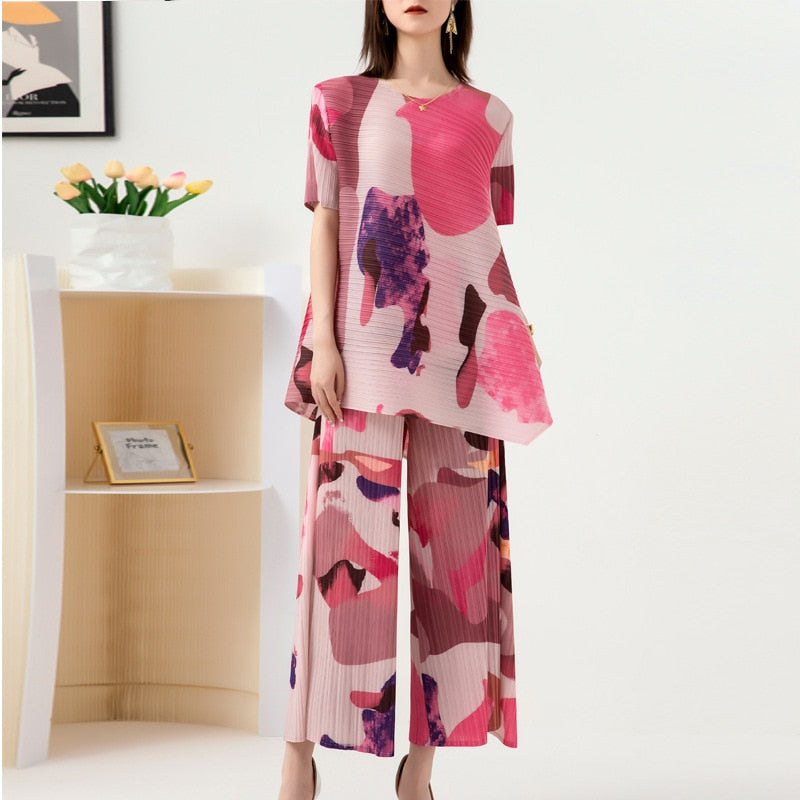 Pleated Fashion Suit Women's Summer New Design Sense Printed Large Size Top Wide Leg Pants Two-Piece Set