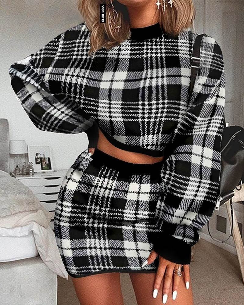 Women's Tracksuit Elegant Office Two Piece Set Plaid Sweater Outfit Long Sleeve Crop Top And Skirt Sets Sexy Fashion Dress Set