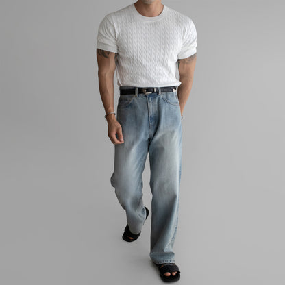 Round neck Fried Dough Twists knit short sleeved T-shirt for men