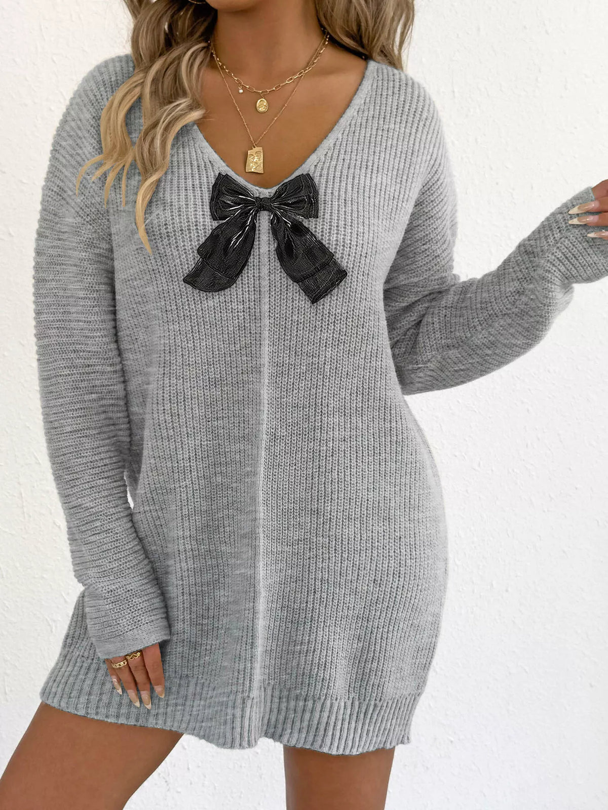 Bow Ribbed Knit Sweater Dress - Gray - View 1