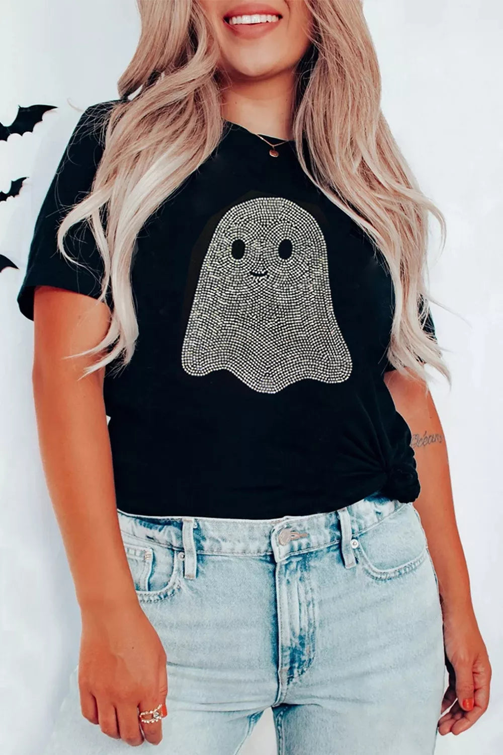 Full Size Rhinestone Ghost Round Neck T-Shirt Plus Size - Black - View 2