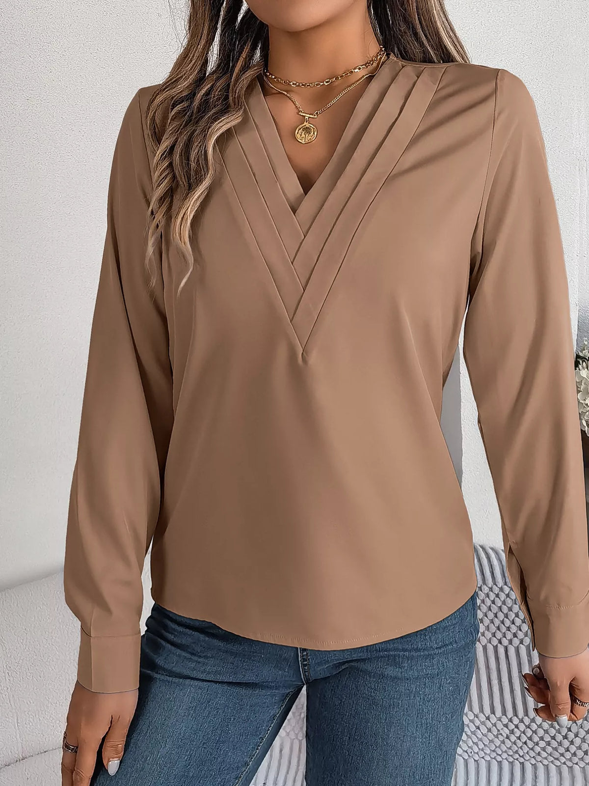 Layered V-Neck Long Sleeve Blouse - Mocha - View 15