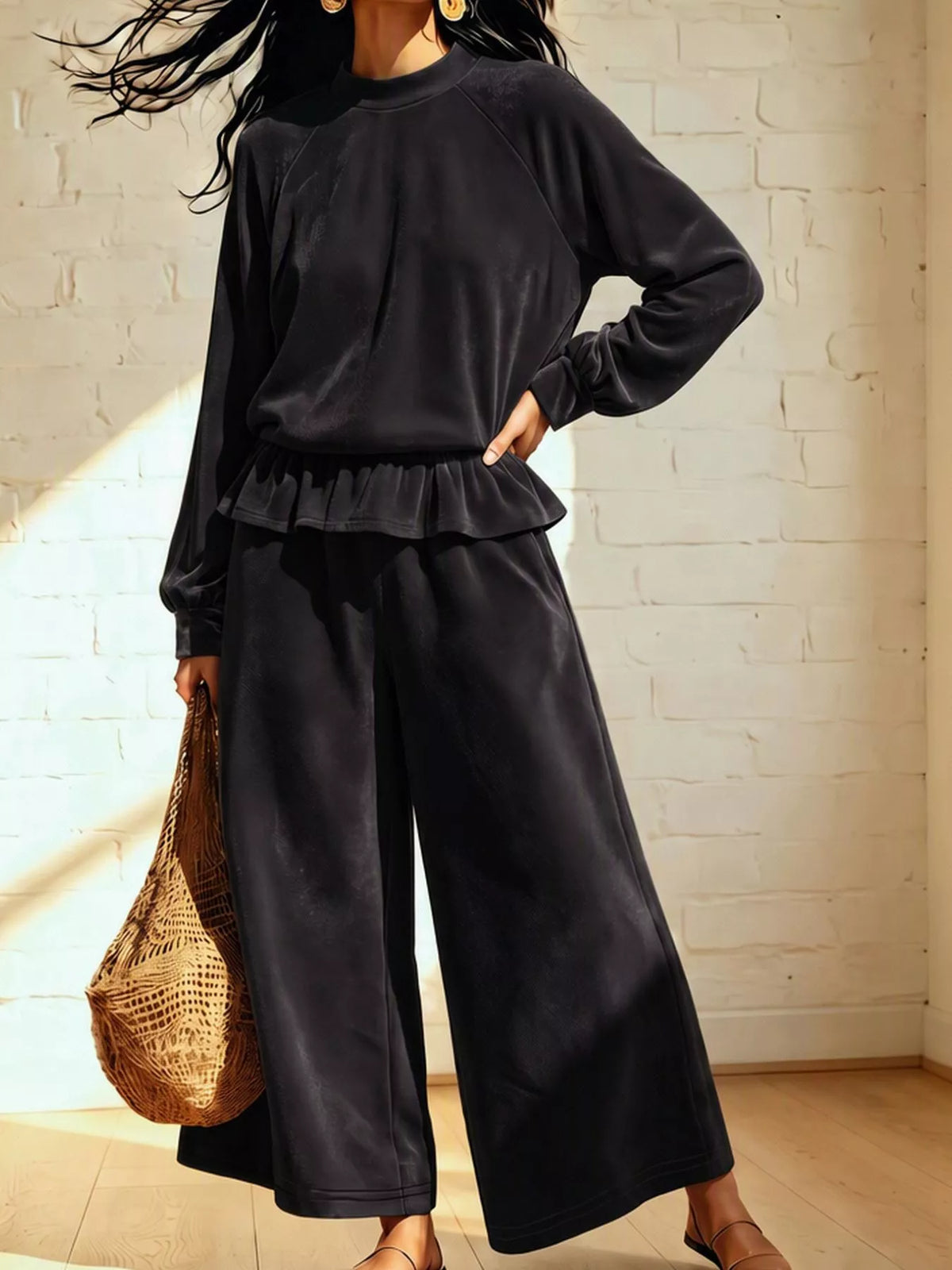 Velvet Peplum Top and Wide-Leg Pants Set - Black - View 2
