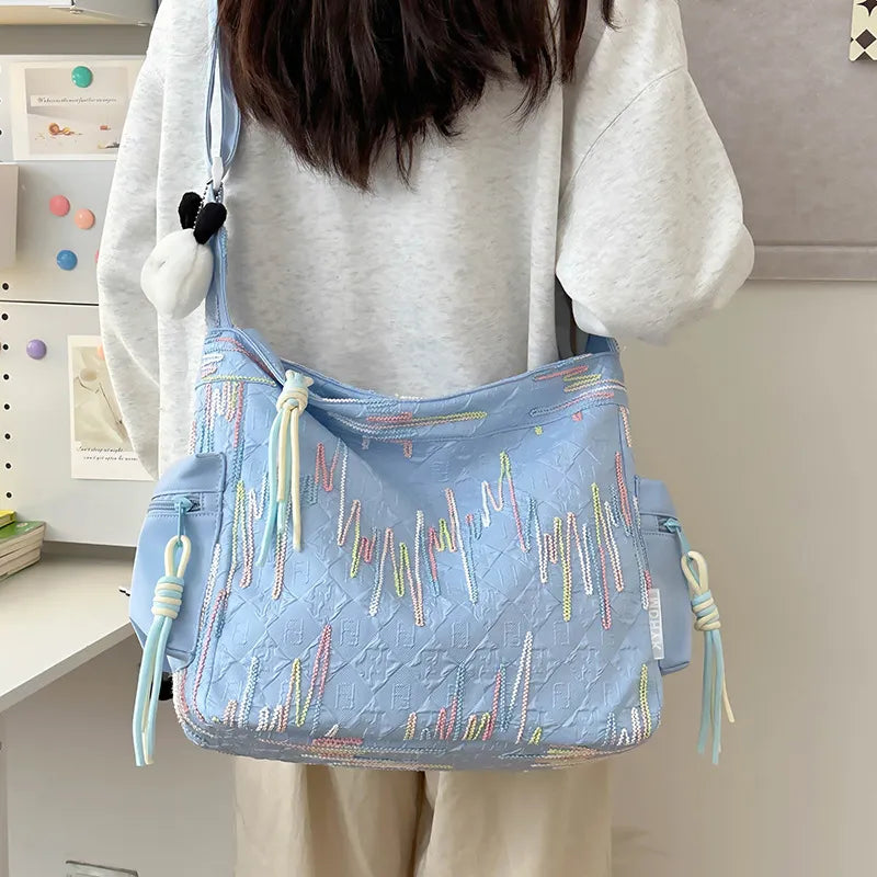 Contrast Texture Shoulder Bag - Light Blue - View 16