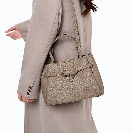 Leather Top Handle Handbag - Khaki - View 1
