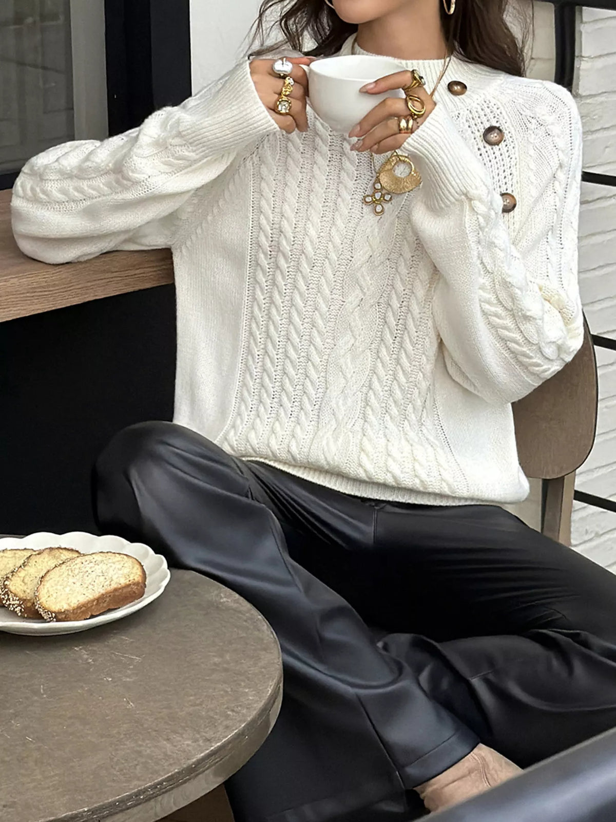 Mock Neck Cable-Knit Sweater - Apricot - View 3