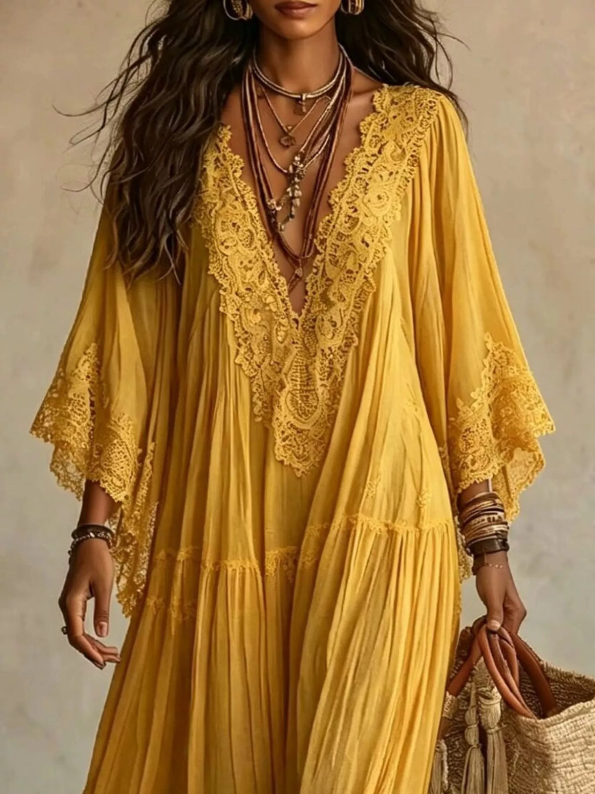 Lace Trim V-Neck Maxi Dress - Mustard - View 2