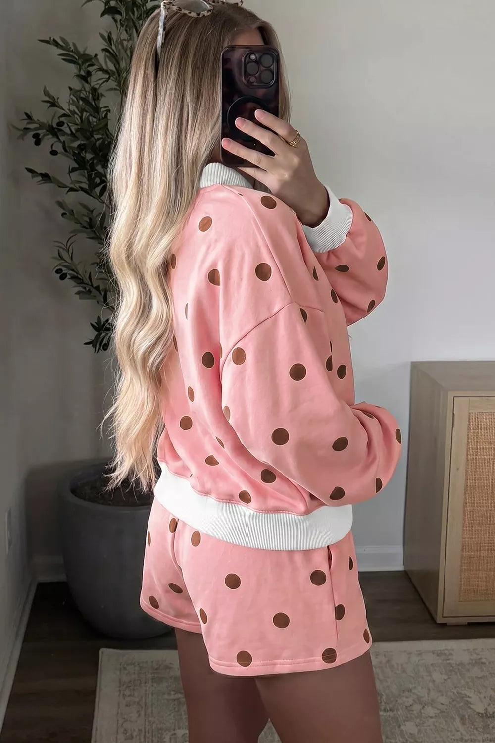 Polka Dot Long Sleeve Sweatshirt and Shorts Lounge Set - Pale Blush - View 2