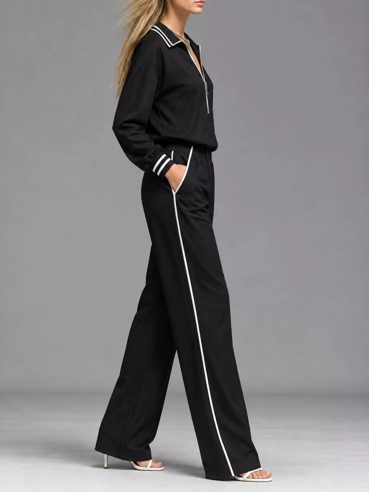 Striped Half Zip Top and Pants Set - Black - View 7