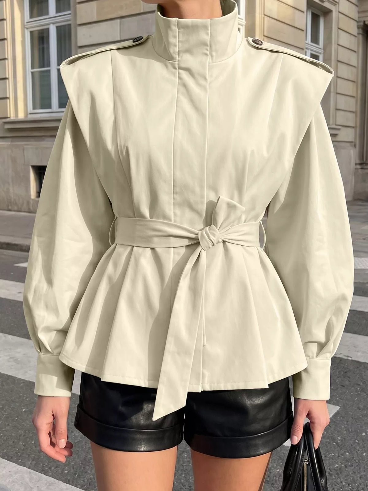 Stand-Collar Belted Outerwear - Beige - View 2