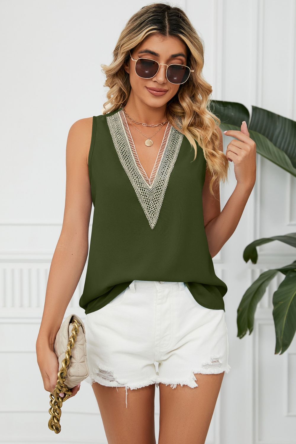 Contrast Trim Plunge Sleeveless Blouse - Forest - View 13