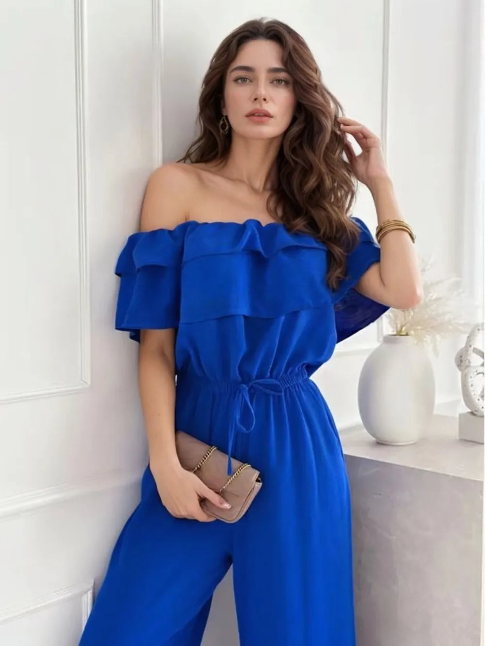 Ruffled Off-Shoulder Wide Leg Jumpsuit - Royal Blue - View 4