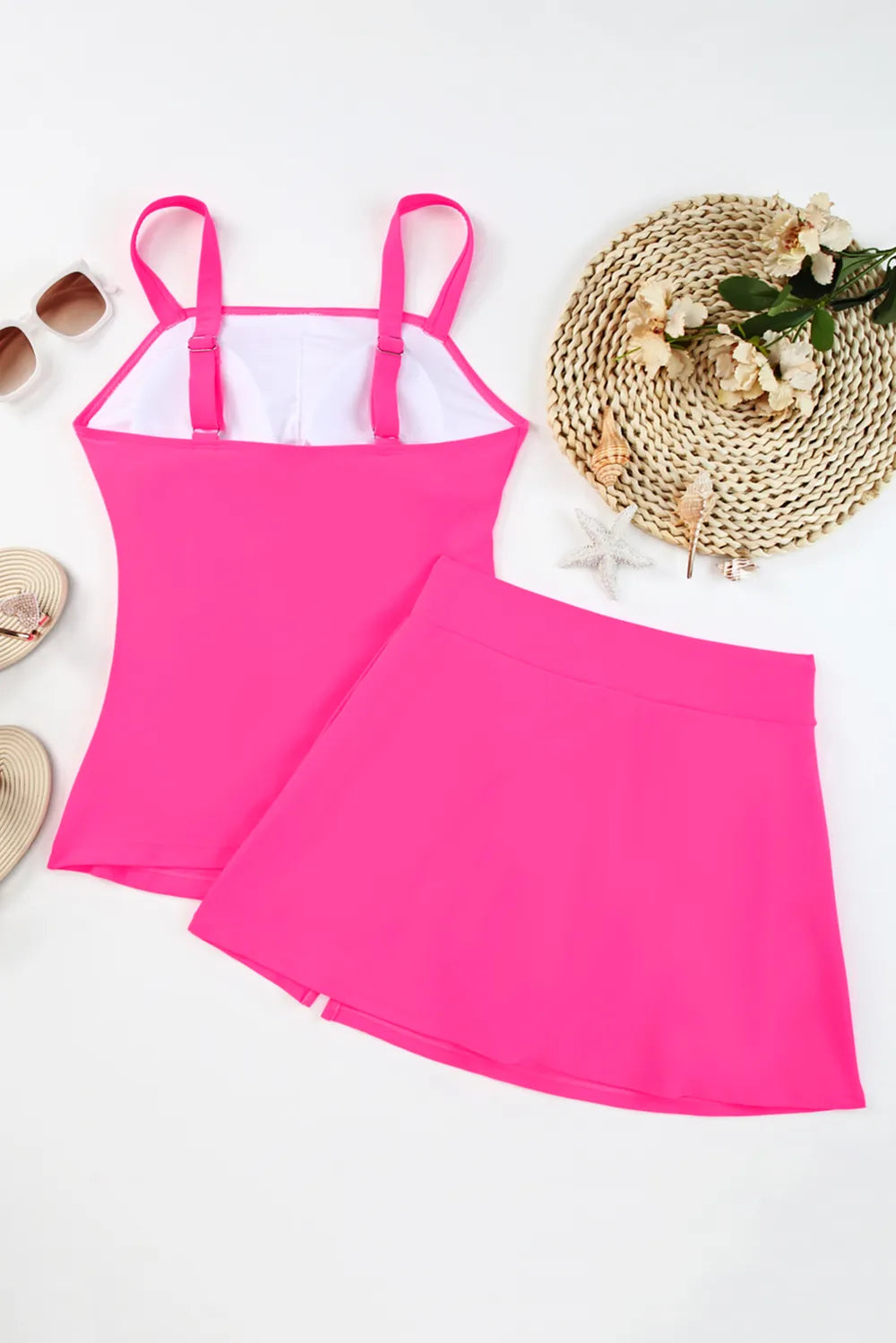 Square Neck Top and Skirt Swim Set - Hot Pink - View 7