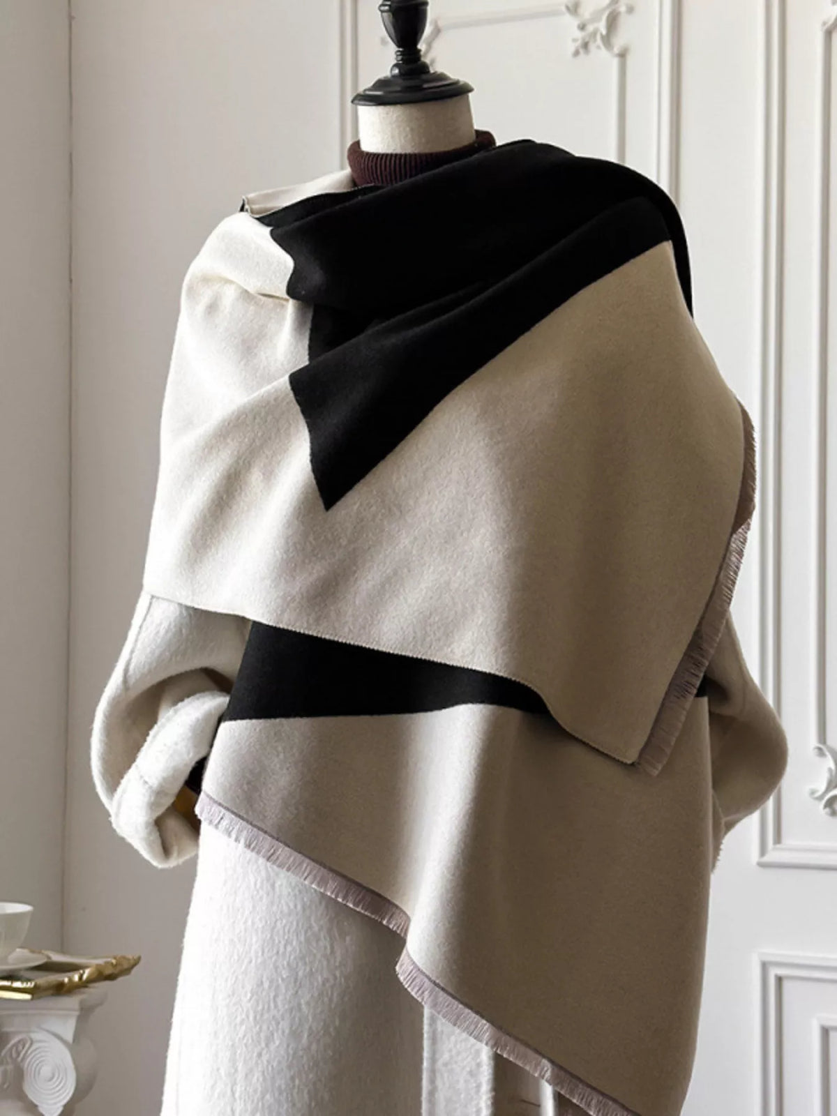 Color Block Raw Hem Scarf - Beige - View 2
