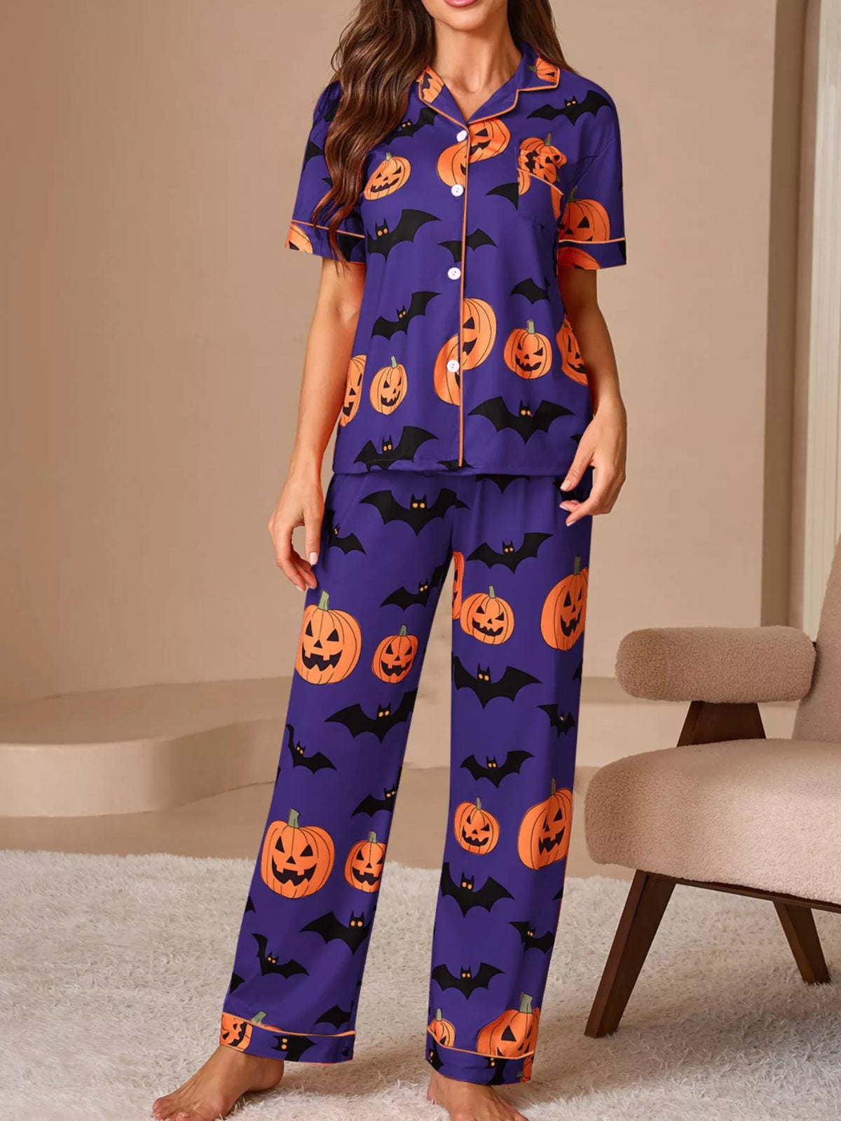 Halloween Pumpkin and Bat Print Button-Down Top and Pants Lounge Set - Purple - View 2